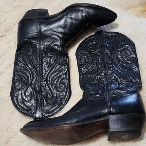 Classic Black Embossed Leather Cowboy Biker Boots 10.5 M